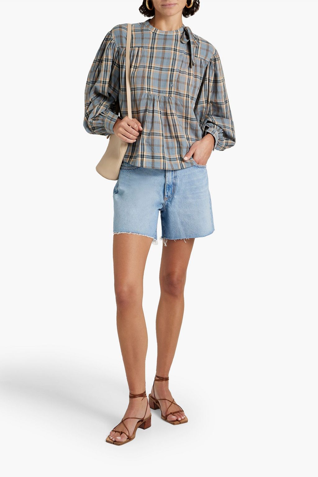 ULLA JOHNSON Clarke geraffte Bluse aus Baumwoll-Voile mit Karomuster