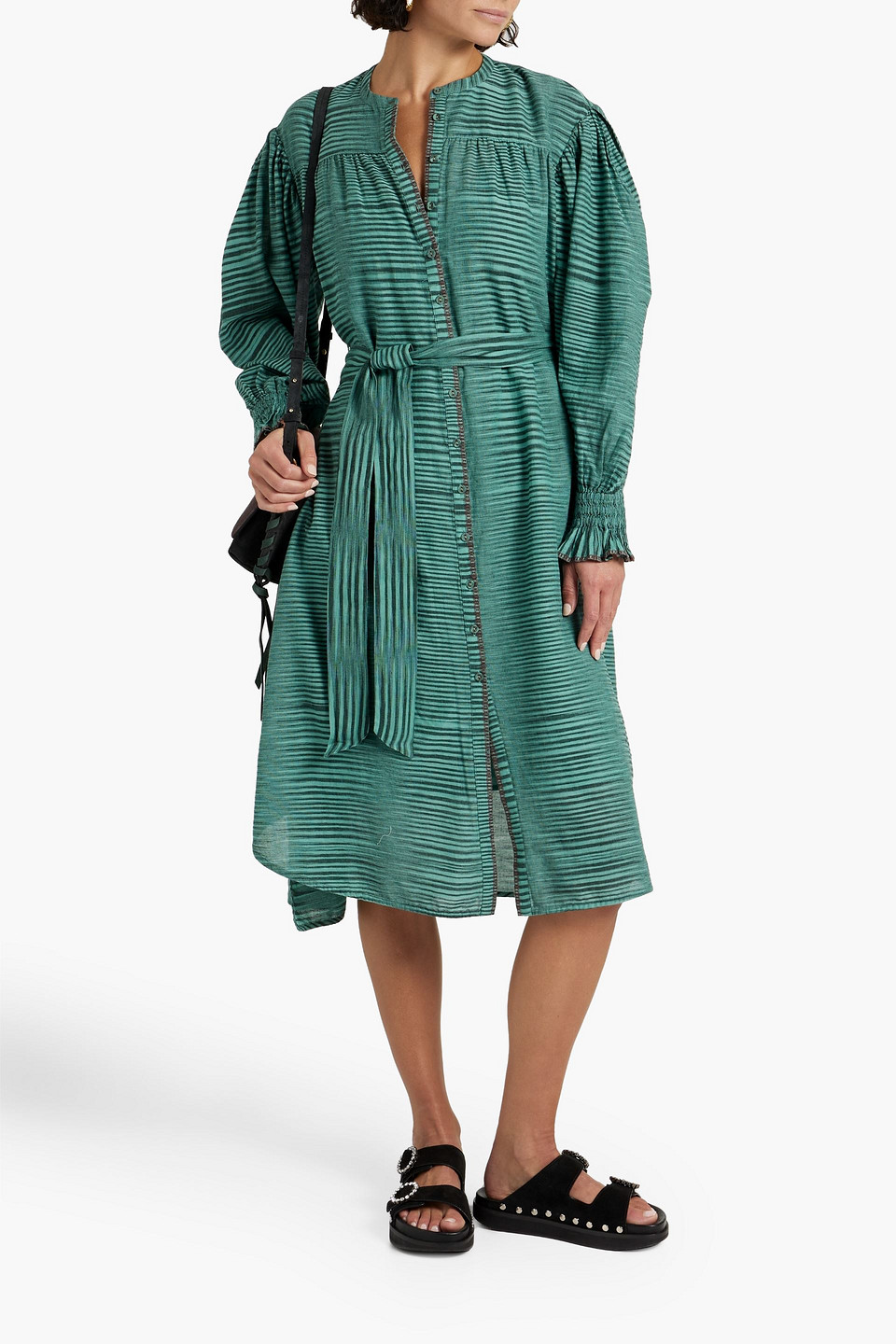 Shop Ulla Johnson Fiora Striped Cotton-voile Midi Dress In Teal