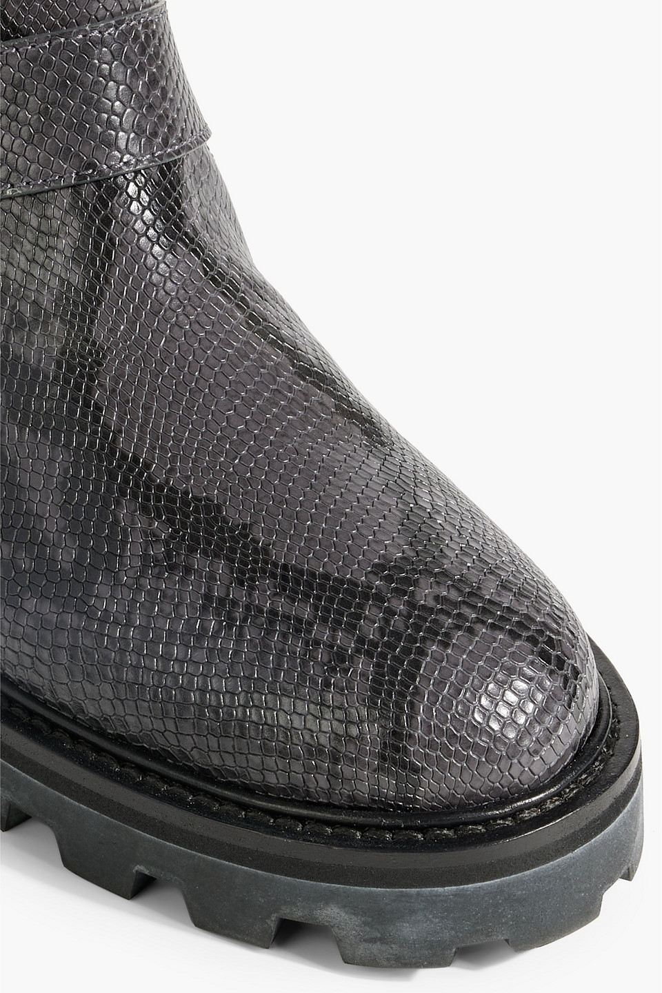 Shop Jimmy Choo Buckled Snake-effect Leather Ankle Boots In Dark Gray