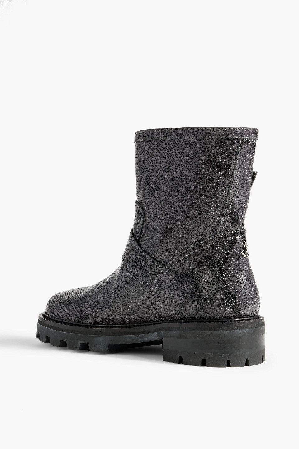 Shop Jimmy Choo Buckled Snake-effect Leather Ankle Boots In Dark Gray