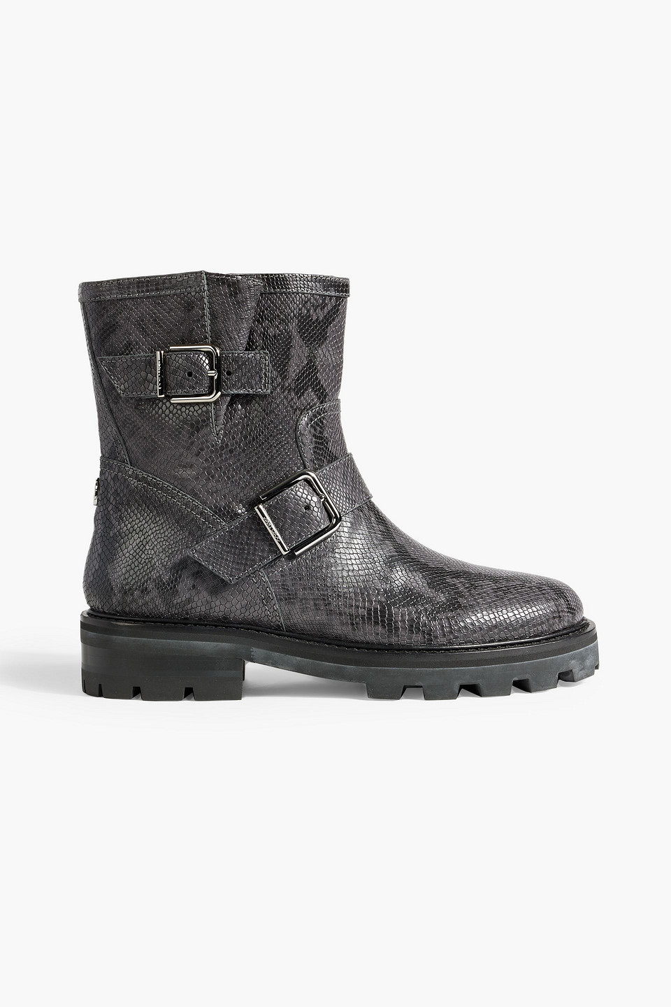 Jimmy Choo Buckled Snake-effect Leather Ankle Boots In Dark Gray