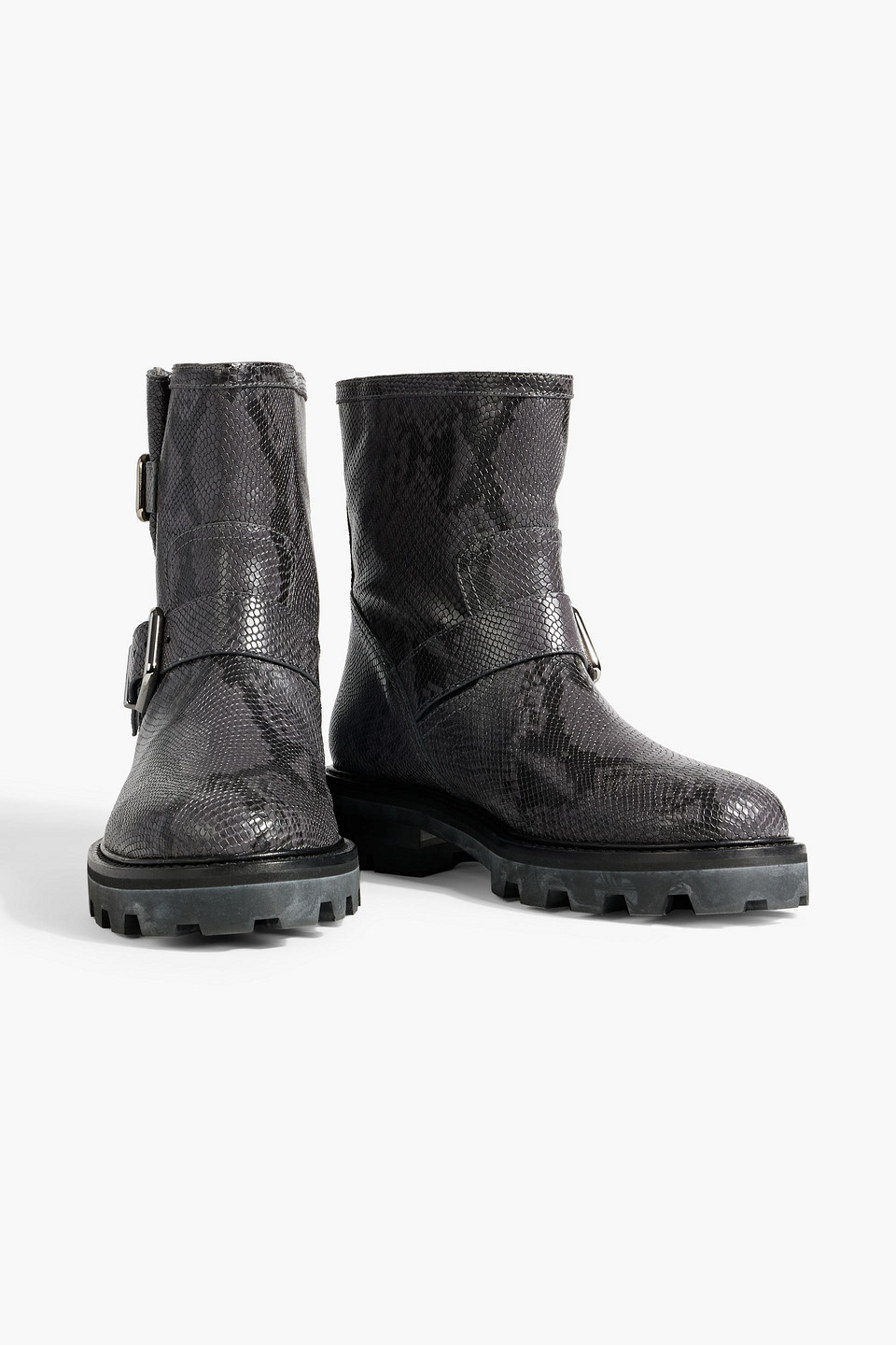 Jimmy Choo Buckled Snake-effect Leather Ankle Boots In Dark Gray