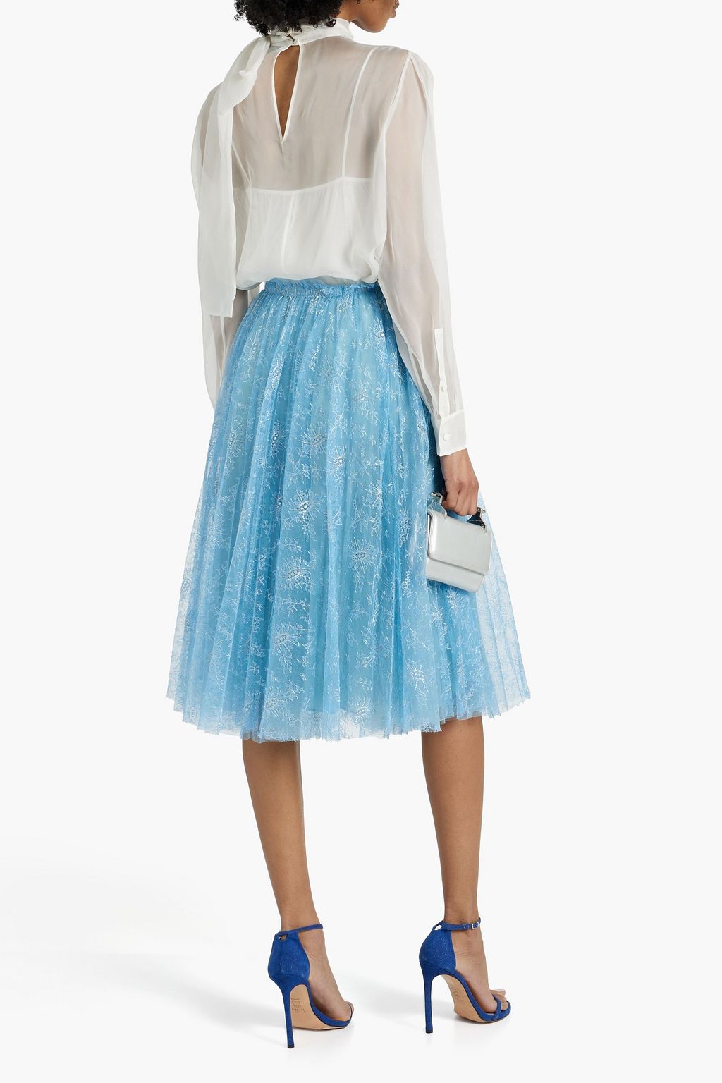 VALENTINO GARAVANI Gathered metallic lace midi skirt