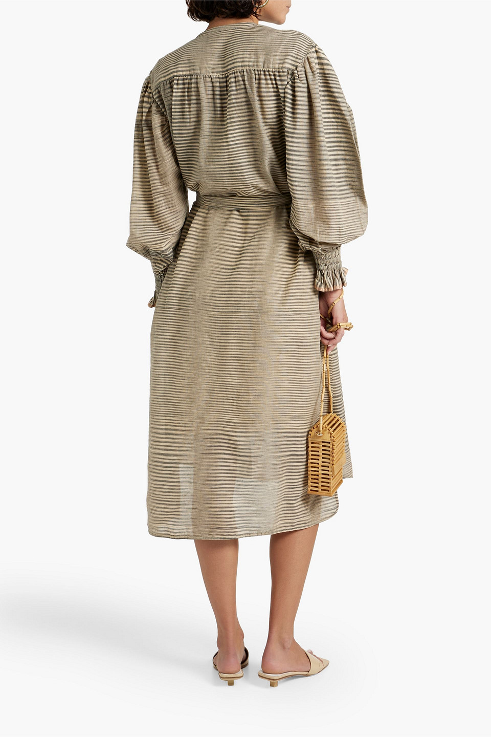 Shop Ulla Johnson Fiora Belted Striped Cotton-voile Midi Dress In Mushroom