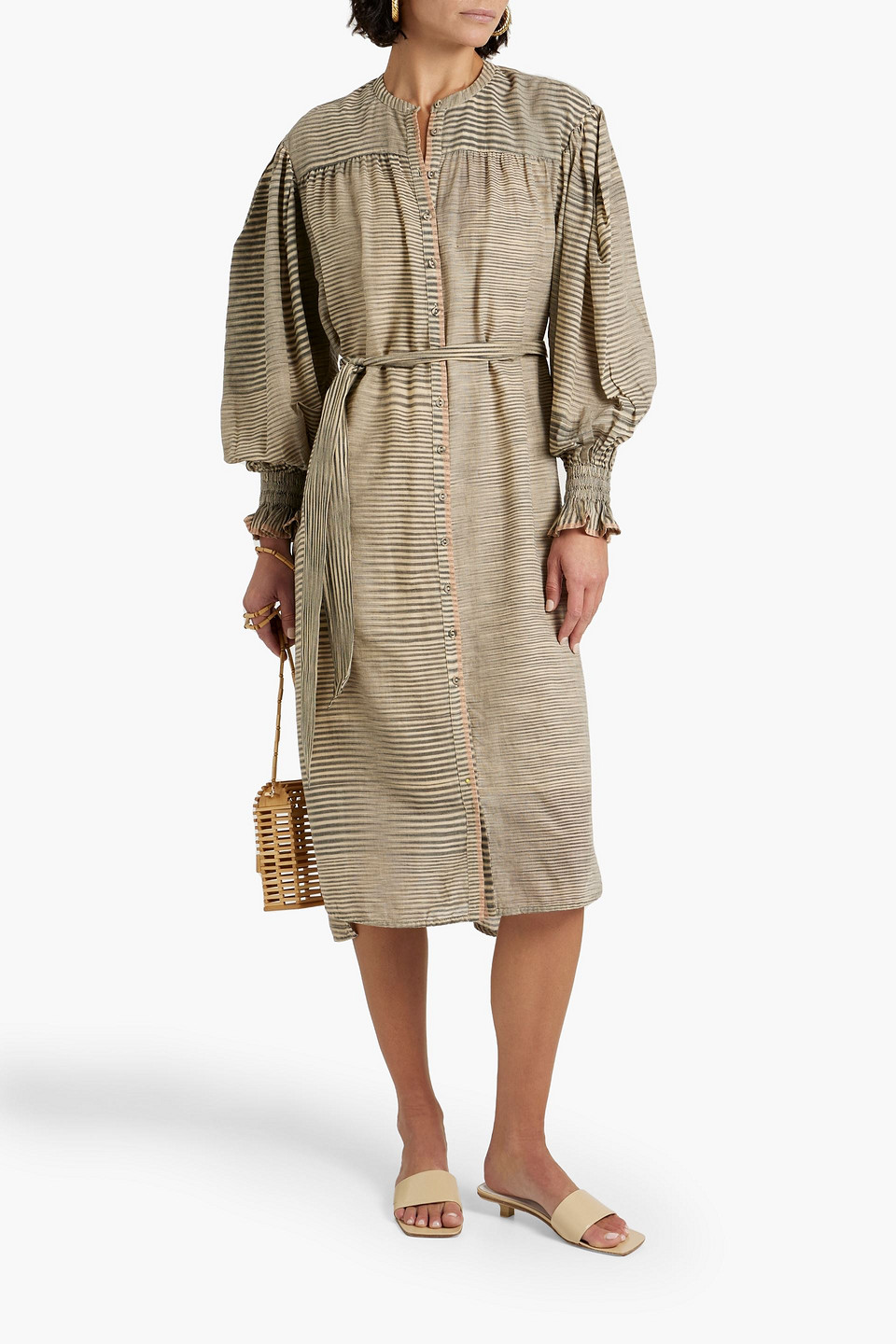 Shop Ulla Johnson Fiora Belted Striped Cotton-voile Midi Dress In Mushroom