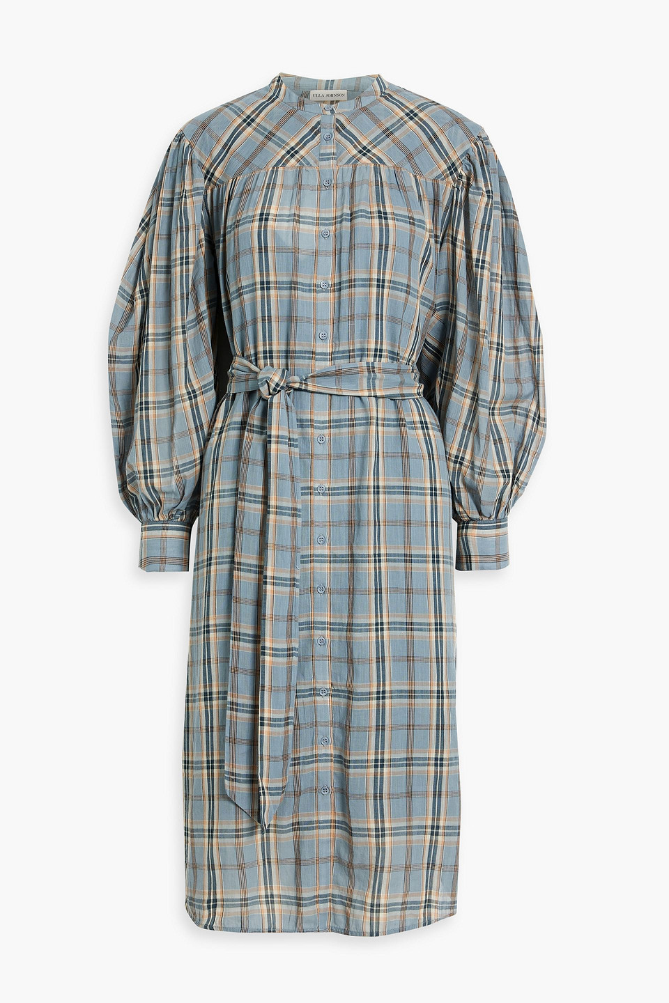 Shop Ulla Johnson Fayette Gathered Checked Cotton-voile Dress In Slate Blue