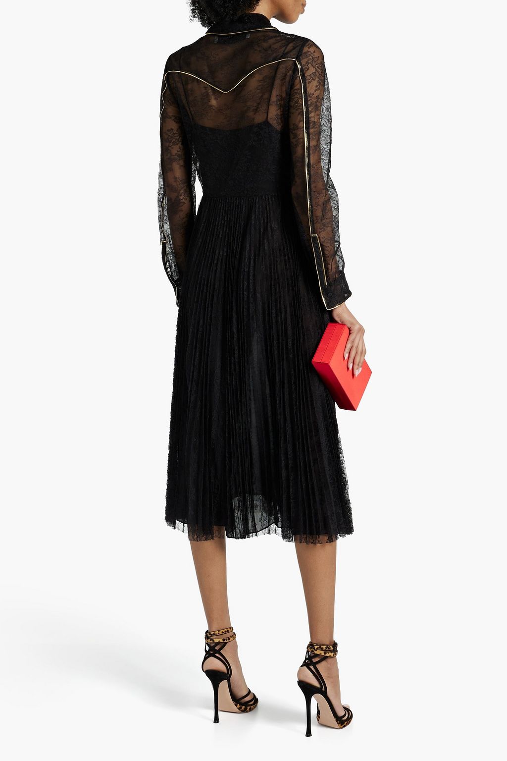 VALENTINO GARAVANI Gathered silk Leavers lace midi shirt dress