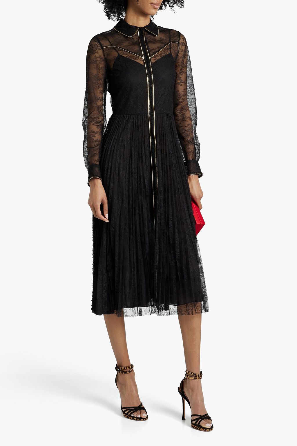 VALENTINO GARAVANI Gathered silk Leavers lace midi shirt dress