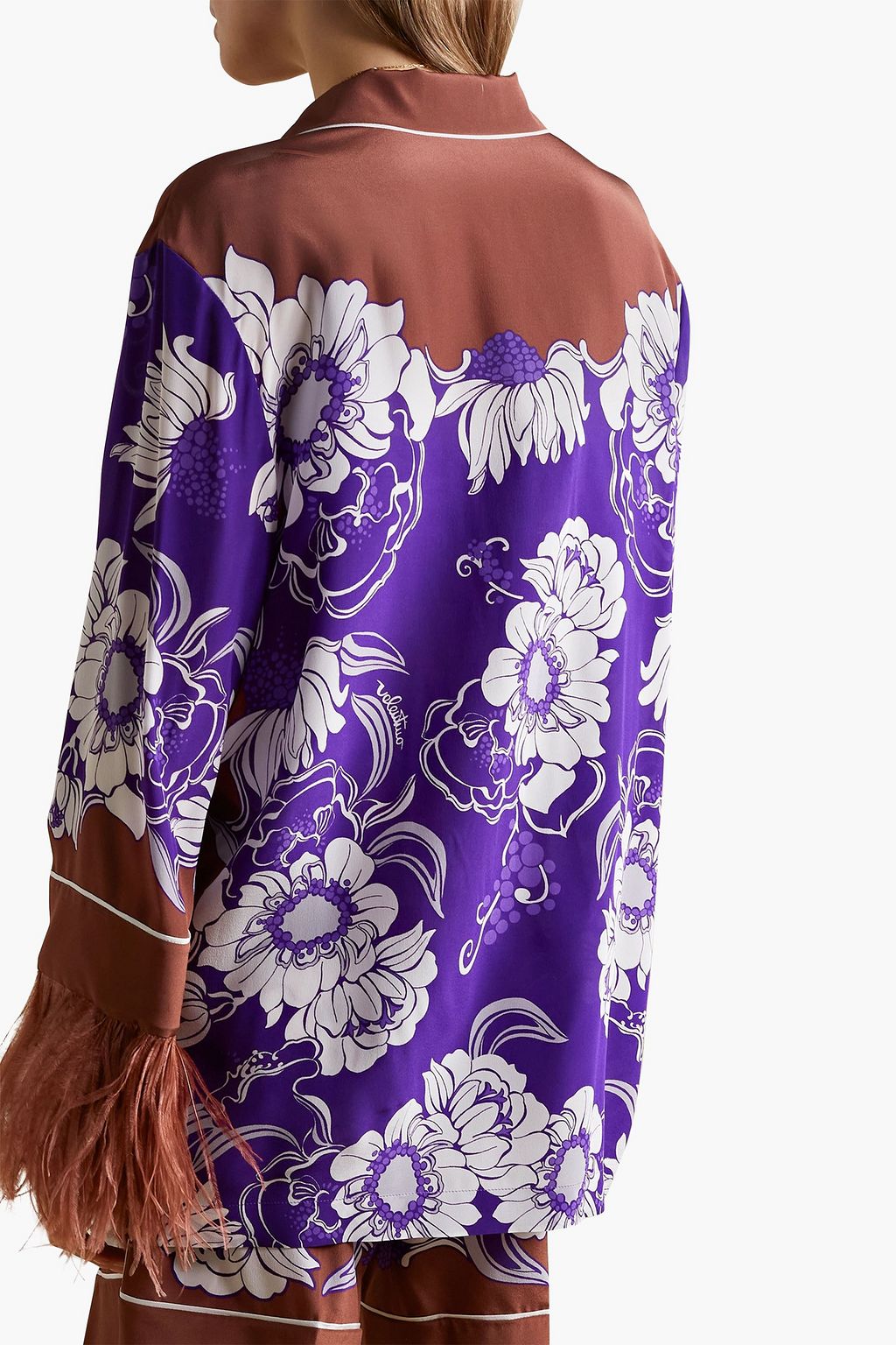 VALENTINO GARAVANI Feather-trimmed floral-print silk crepe de chine shirt