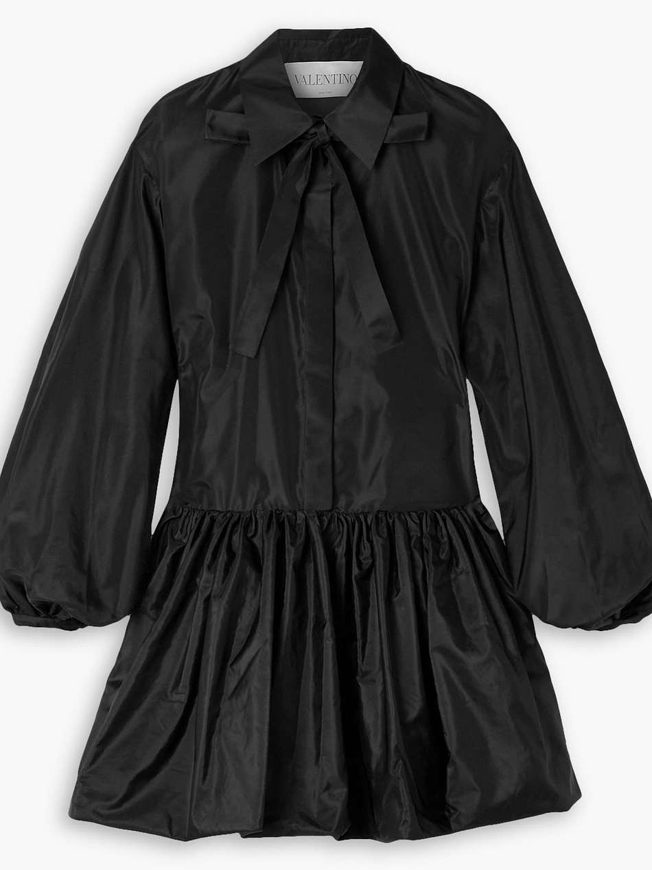 pussy-bow gathered silk-taffeta mini shirt dress