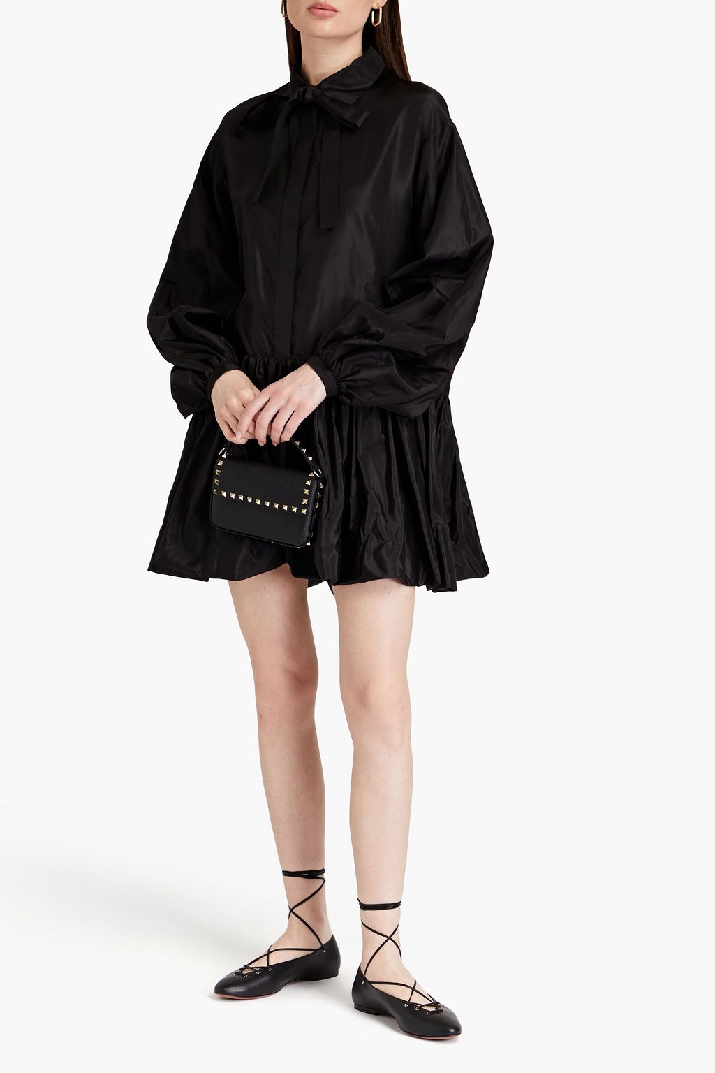 VALENTINO GARAVANI シルクタフタ ミニシャツワンピース リボンタイ ギャザー入り