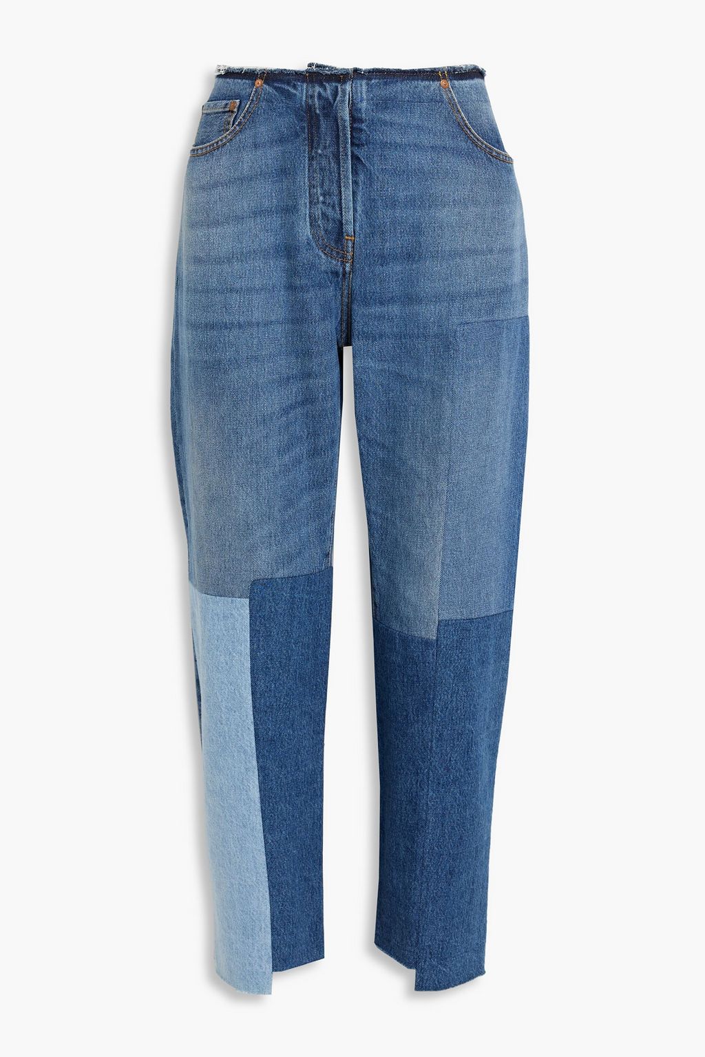 Frayed patchwork-effect high-rise tapered jeans