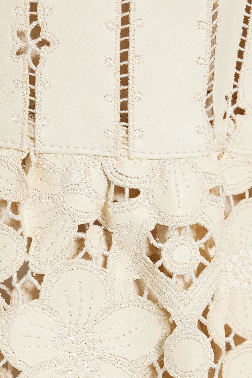 VALENTINO GARAVANI Off-the-shoulder macramé-trimmed leather mini dress
