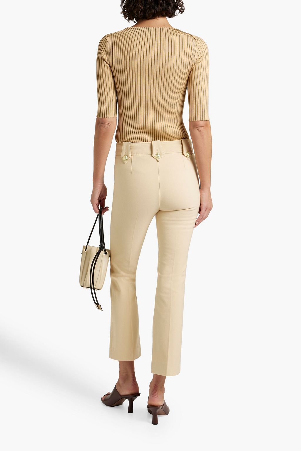 DEREK LAM 10 CROSBY 버튼 장식 코튼 혼방 트윌 킥 플레어 팬츠