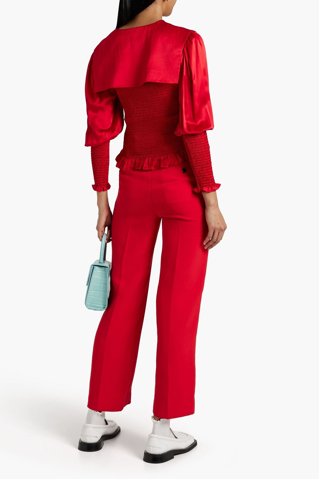 SHRIMPS Vincent ruffle-trimmed shirred silk-satin blouse