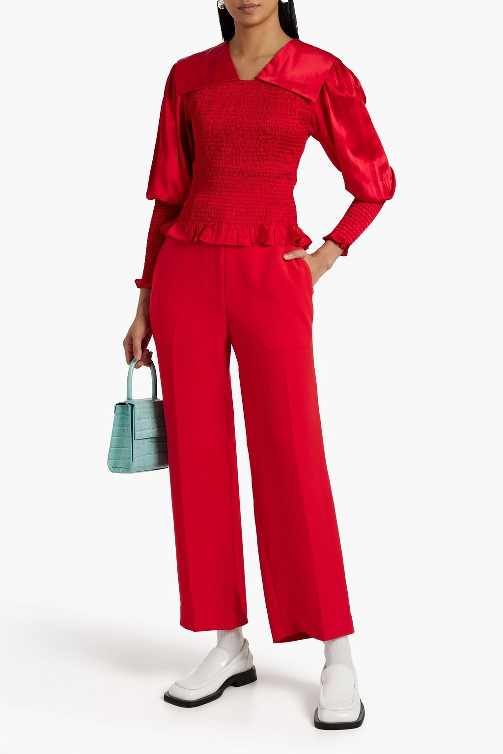 SHRIMPS Vincent ruffle-trimmed shirred silk-satin blouse