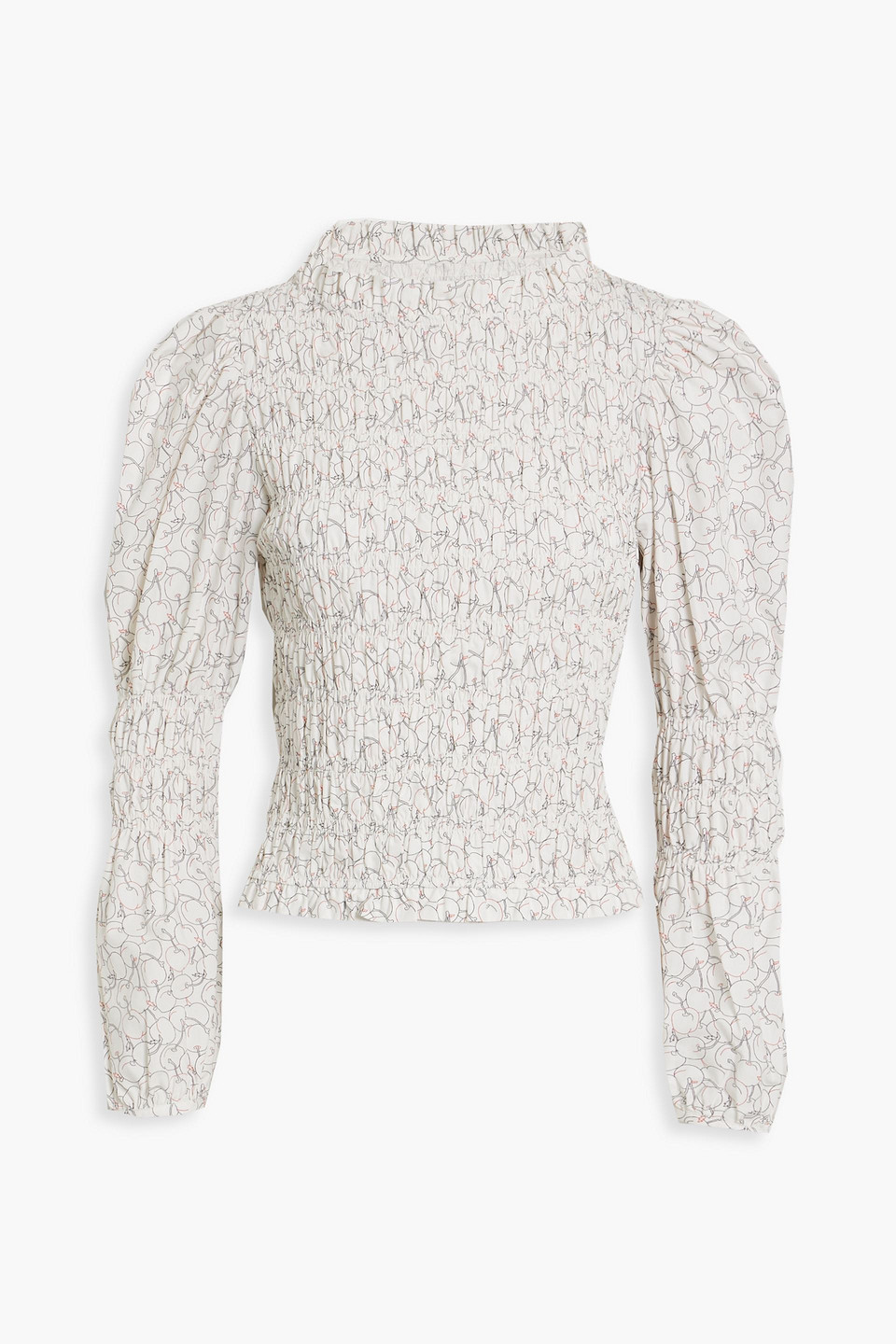 Shrimps Antoon Shirred Printed Cotton-poplin Blouse In Off-white