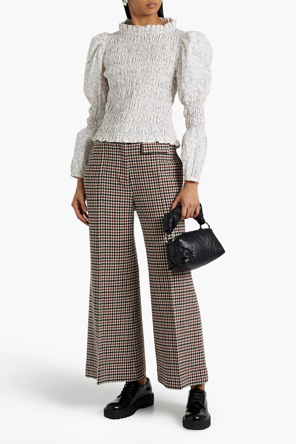 Shrimps Antoon Shirred Printed Cotton-poplin Blouse In Off-white