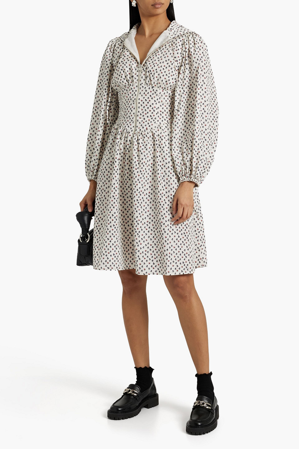 Shrimps Hooded Printed Shell Dress In Off-white