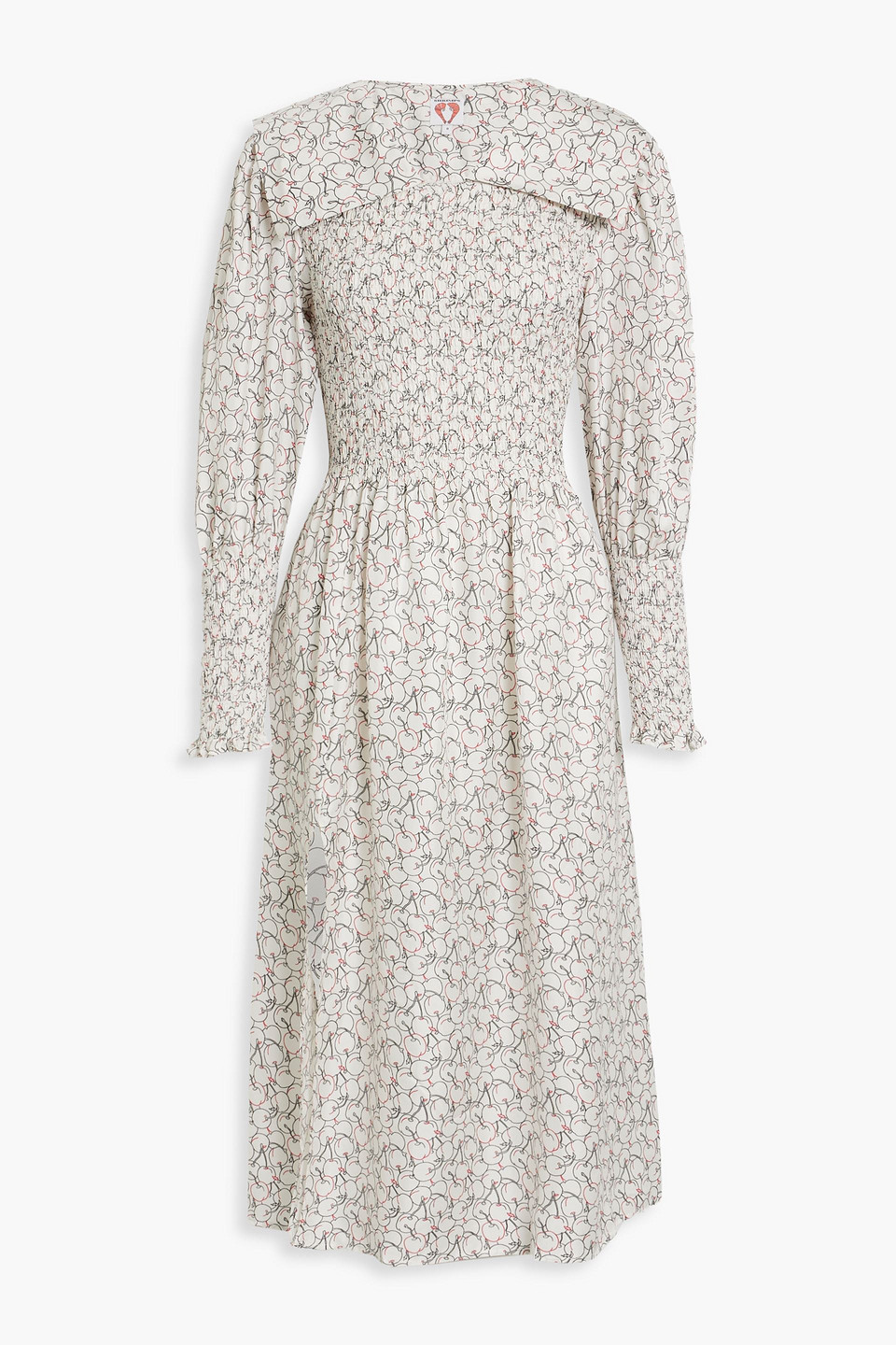 Shrimps Smocked Printed Silk-satin Shirt Dress In Off-white