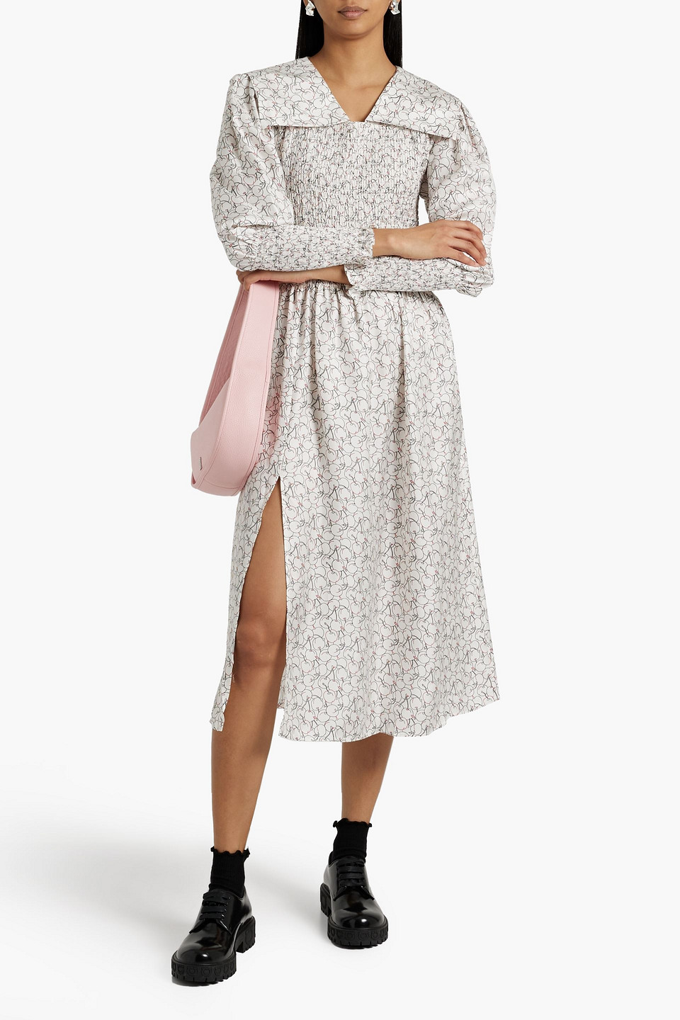 Shop Shrimps Shirred Printed Silk-satin Midi Dress In Off-white