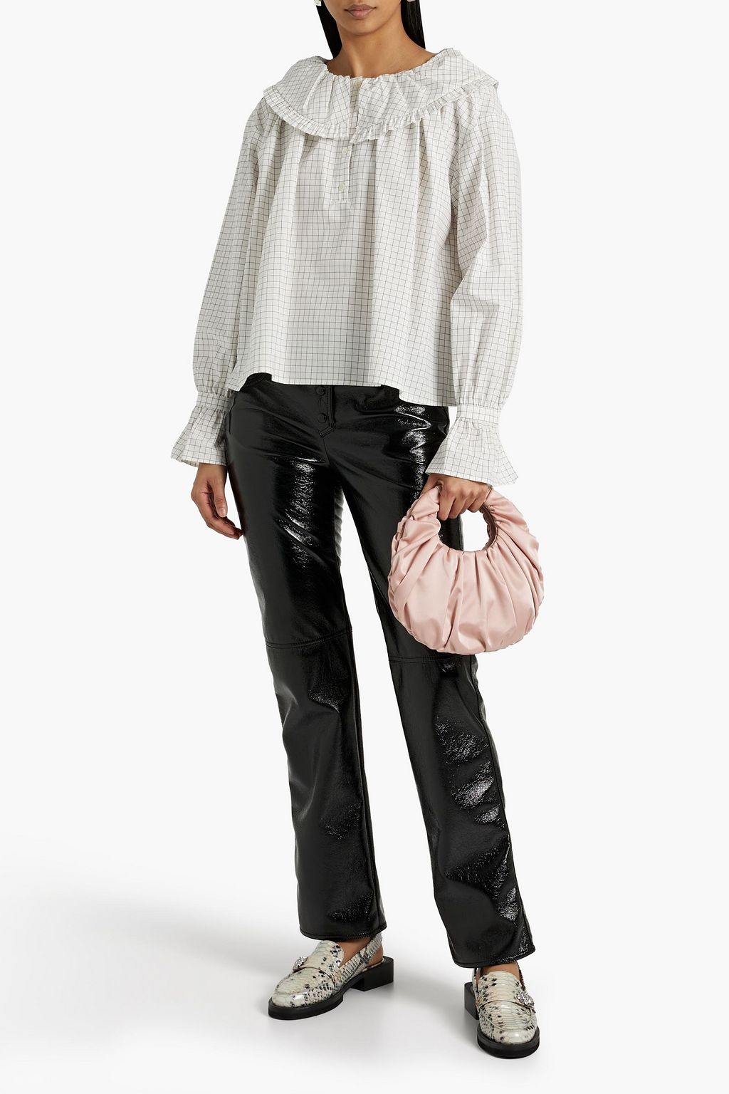 SHRIMPS Meadow ruffle-trimmed checked cotton-poplin top