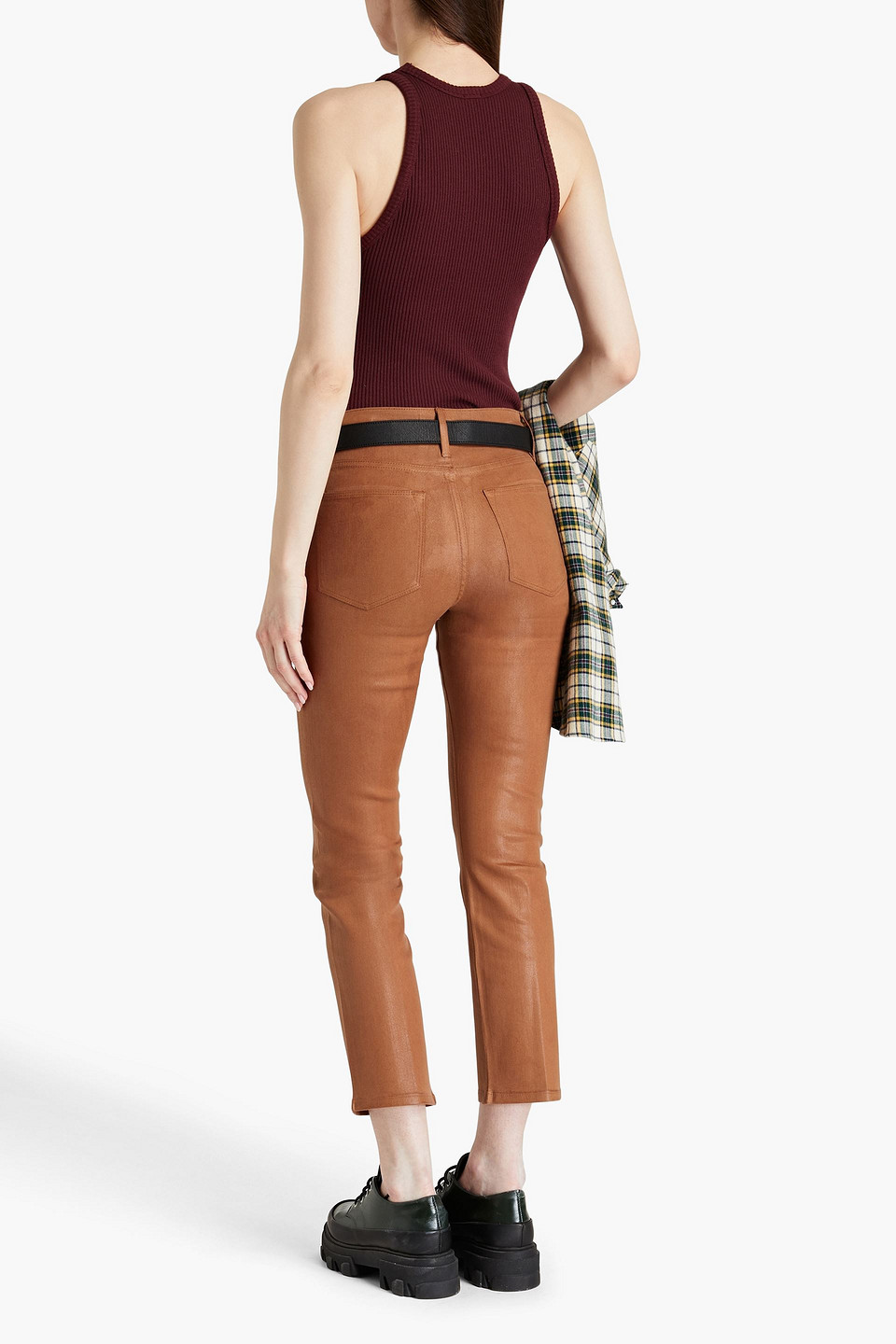 Shop Frame Le High Cropped Coated High-rise Straight-leg Jeans In Light Brown