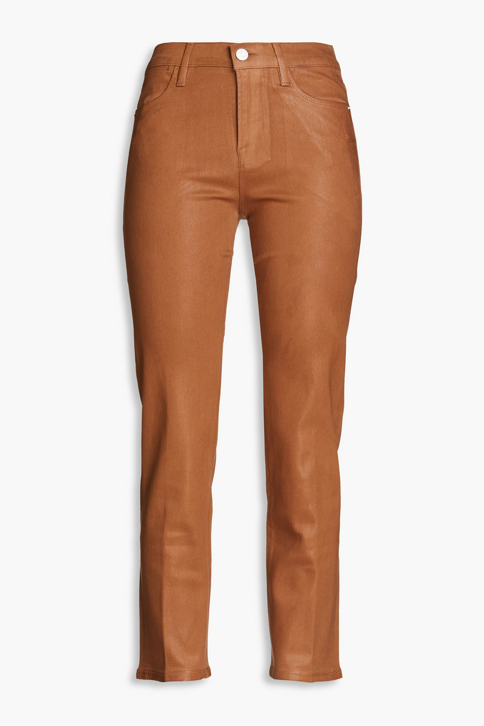 Shop Frame Le High Cropped Coated High-rise Straight-leg Jeans In Light Brown