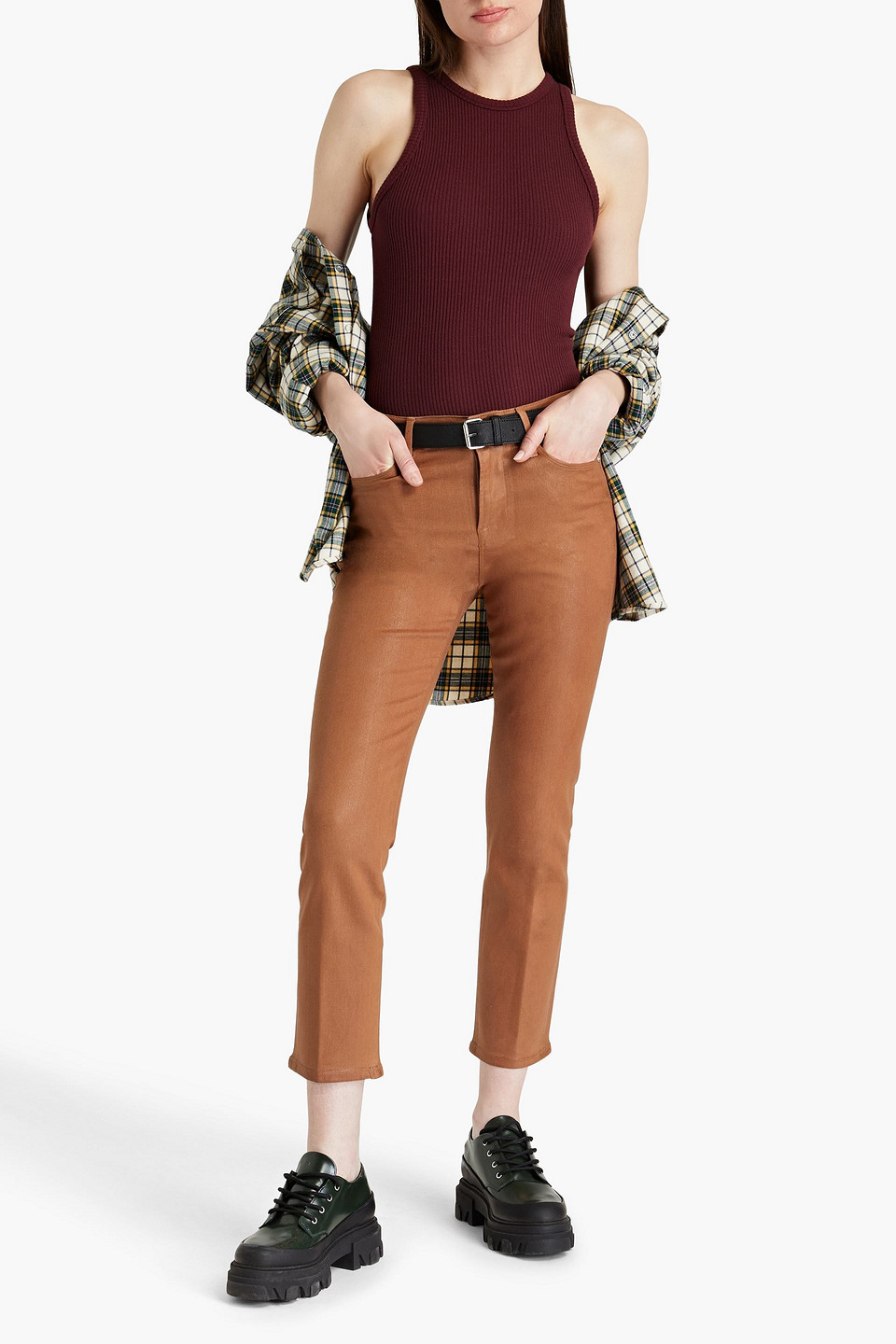 Shop Frame Le High Cropped Coated High-rise Straight-leg Jeans In Light Brown