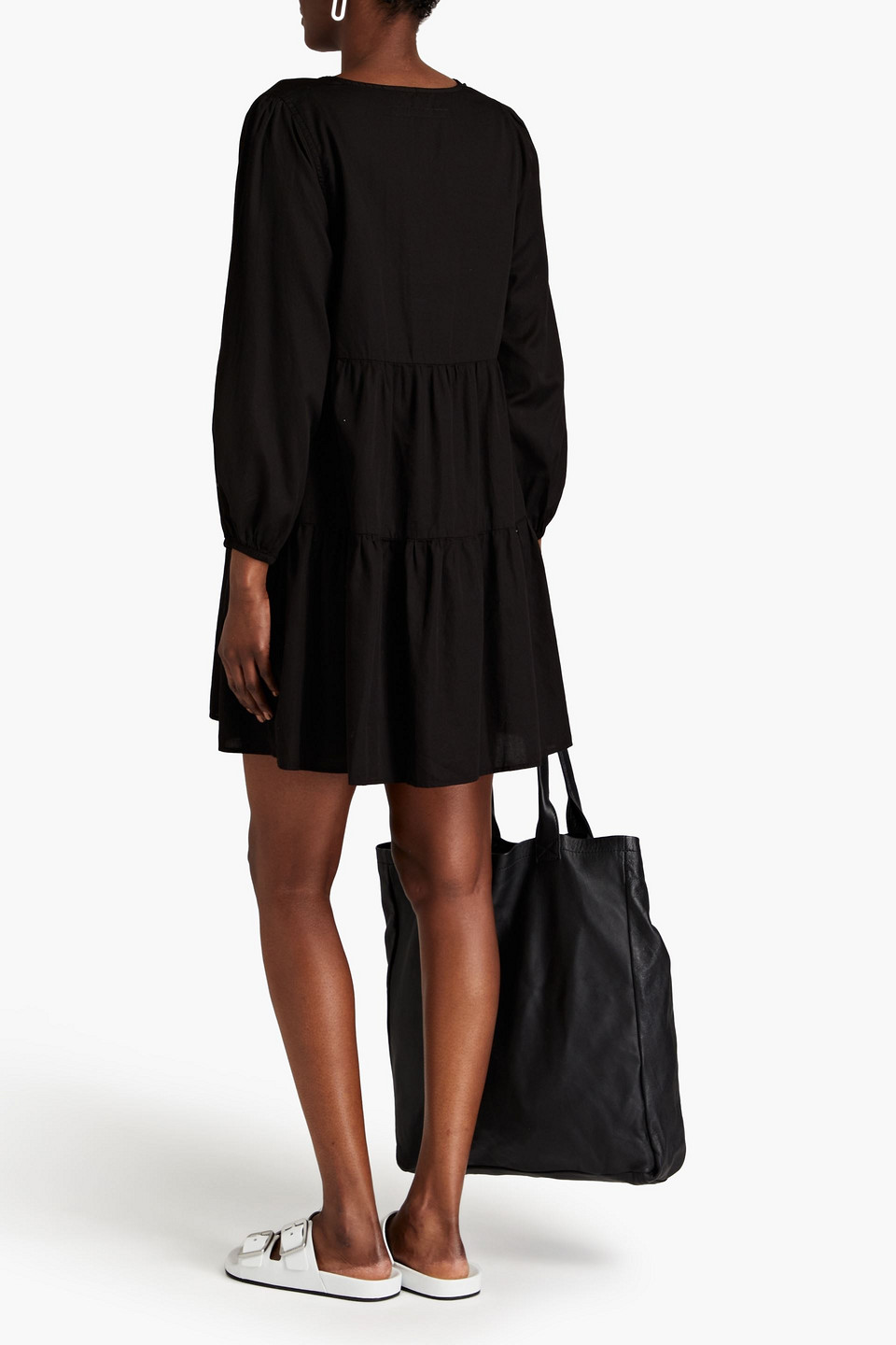 Shop Enza Costa Tiered Cotton-poplin Mini Dress In Black