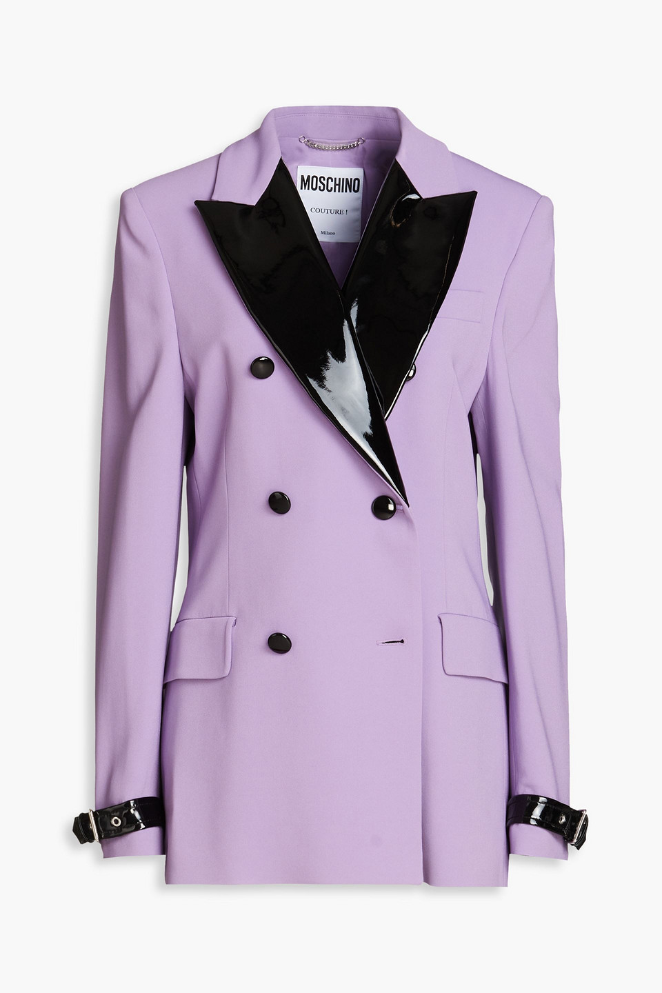 Double-breasted faux patent-leather trimmed crepe blazer