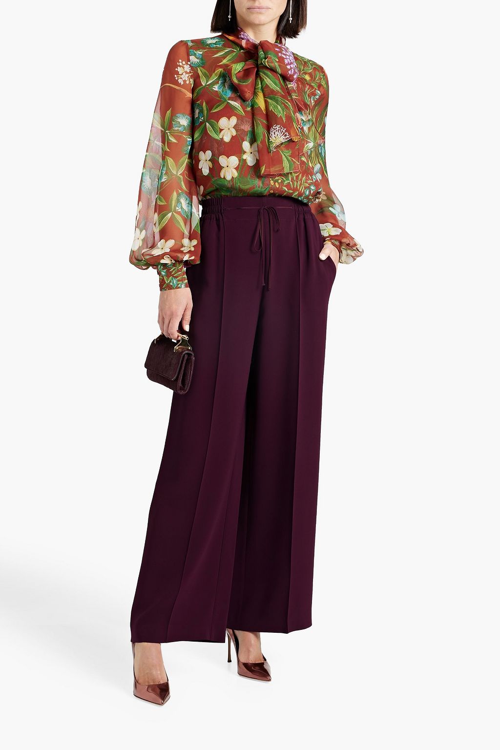OSCAR DE LA RENTA Pussy-bow floral-print silk-chiffon blouse