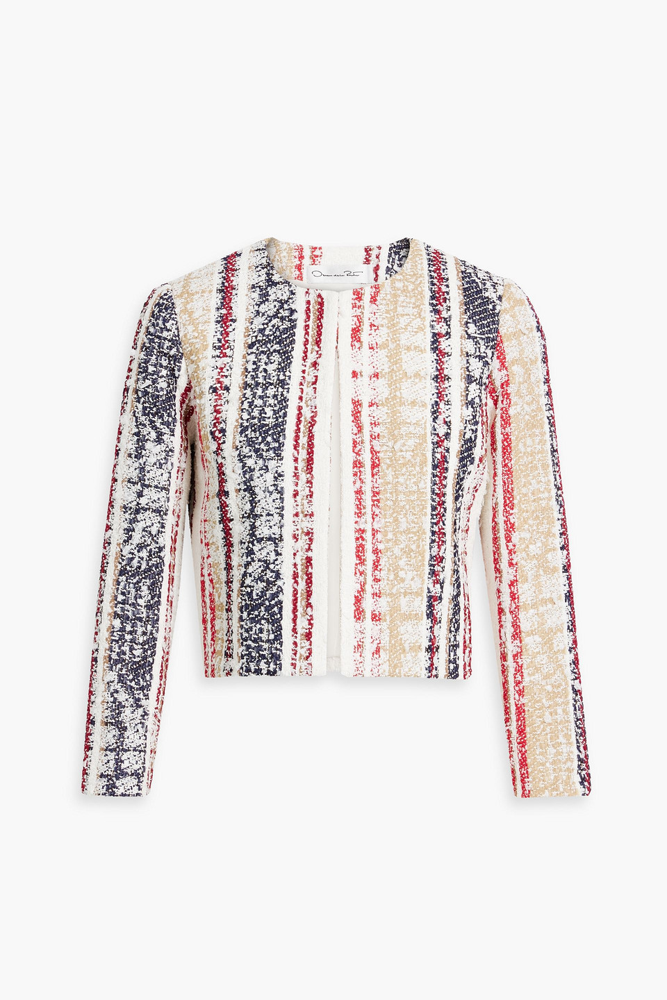 Oscar De La Renta Cropped Striped Bouclé-tweed Jacket In Navy
