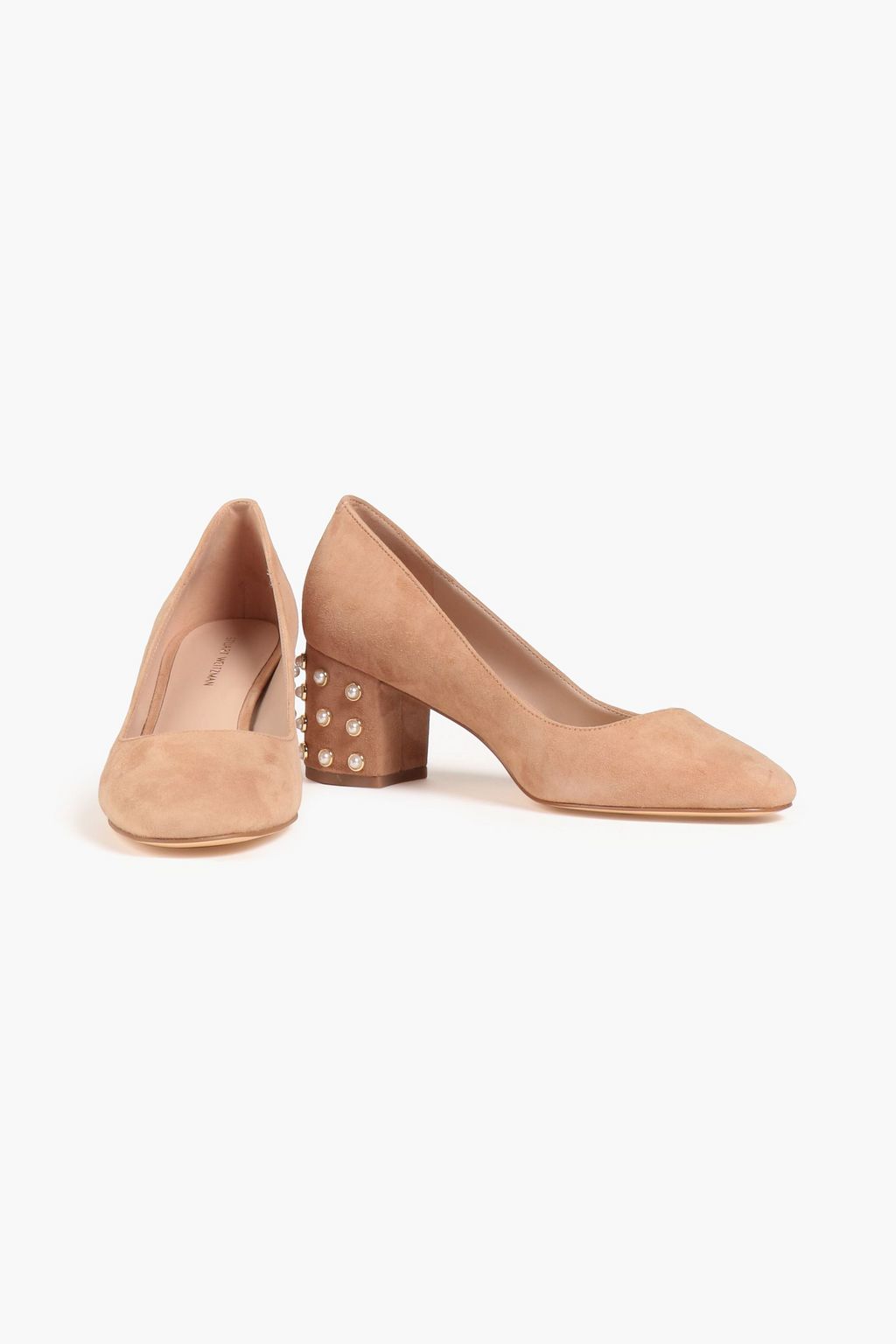 STUART WEITZMAN حذاء بامب من جلد السويد مزين باللؤلؤ الصناعي