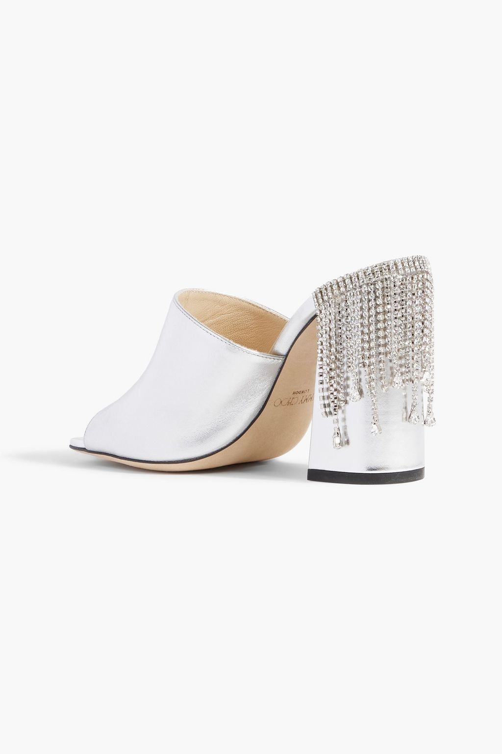 JIMMY CHOO 바이아 100 크리스털 장식 메탈릭 가죽 뮬