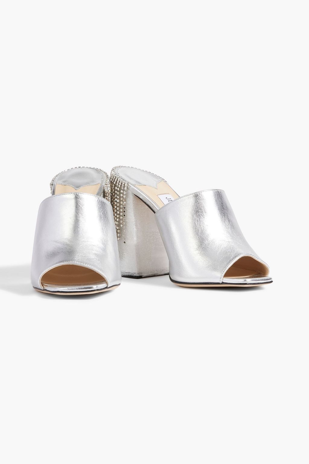 JIMMY CHOO 바이아 100 크리스털 장식 메탈릭 가죽 뮬