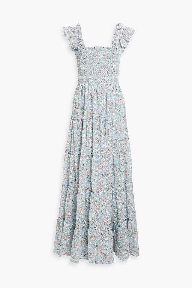 Shirred floral-print broderie anglaise maxi dress