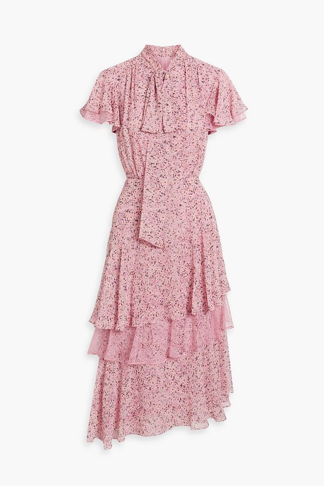 Lace-trimmed ruffled floral-print chiffon midi dress