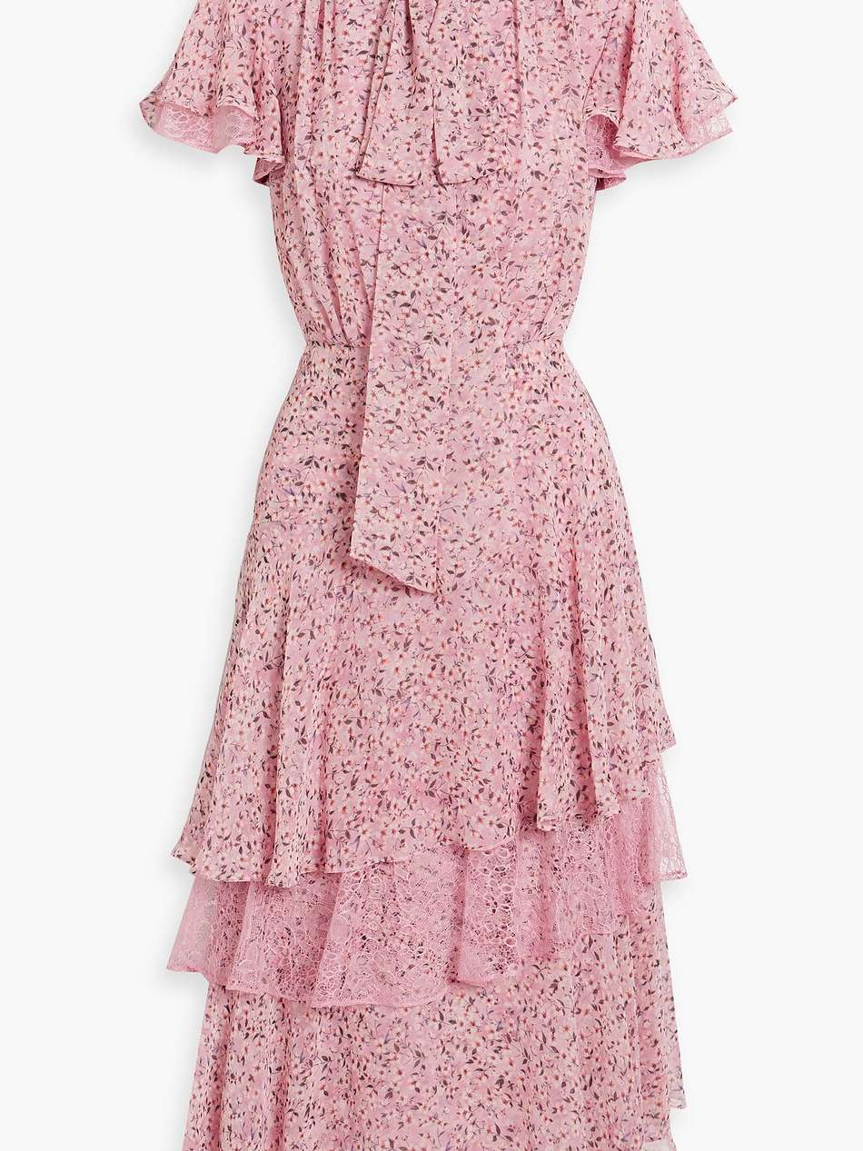 lace-trimmed ruffled floral-print chiffon midi dress