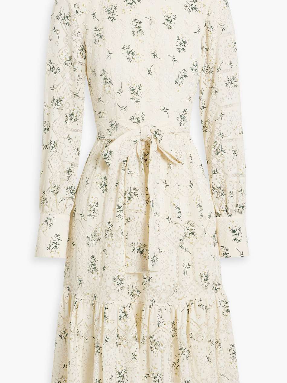 gathered floral-print lace dress