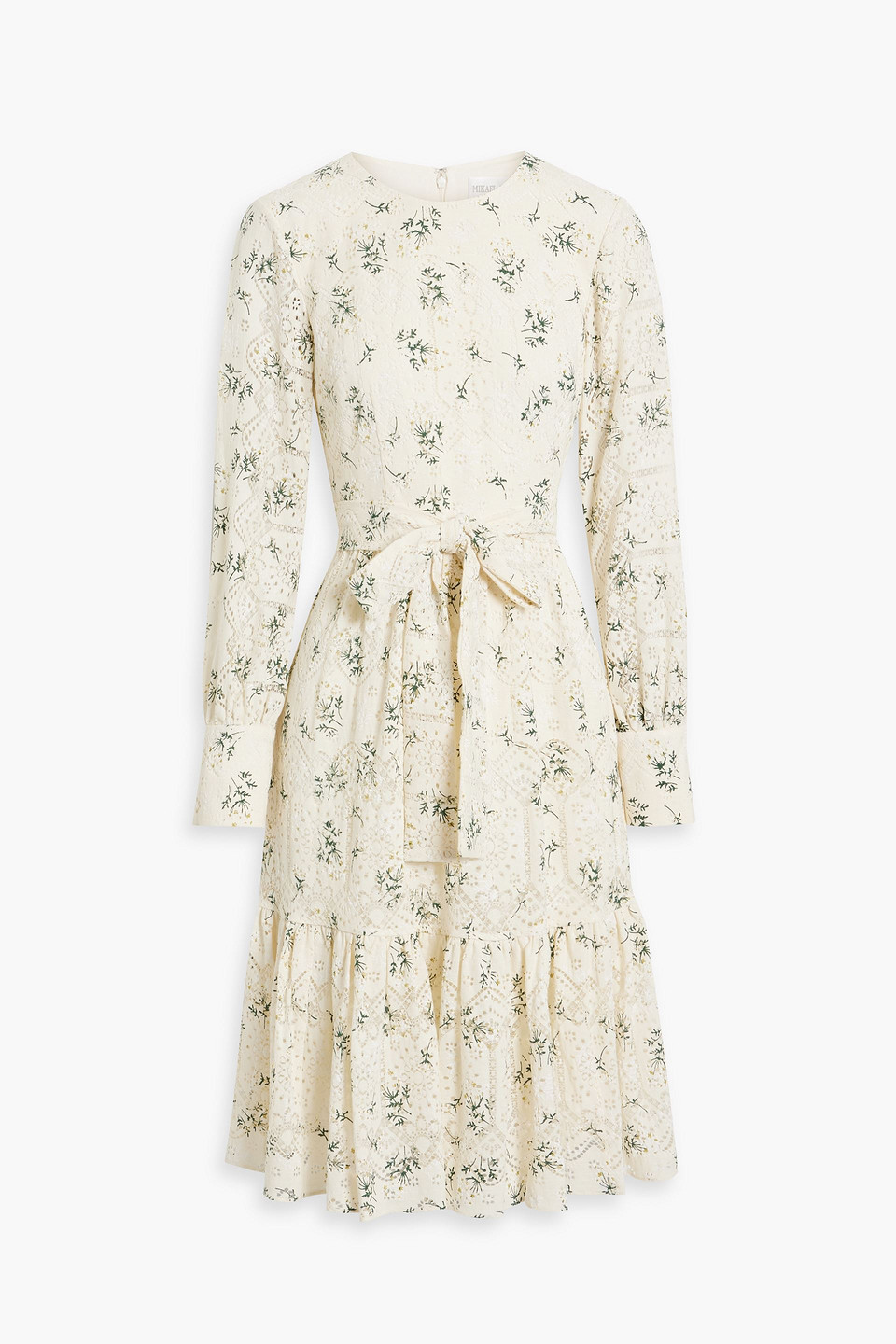 Gathered floral-print lace dress