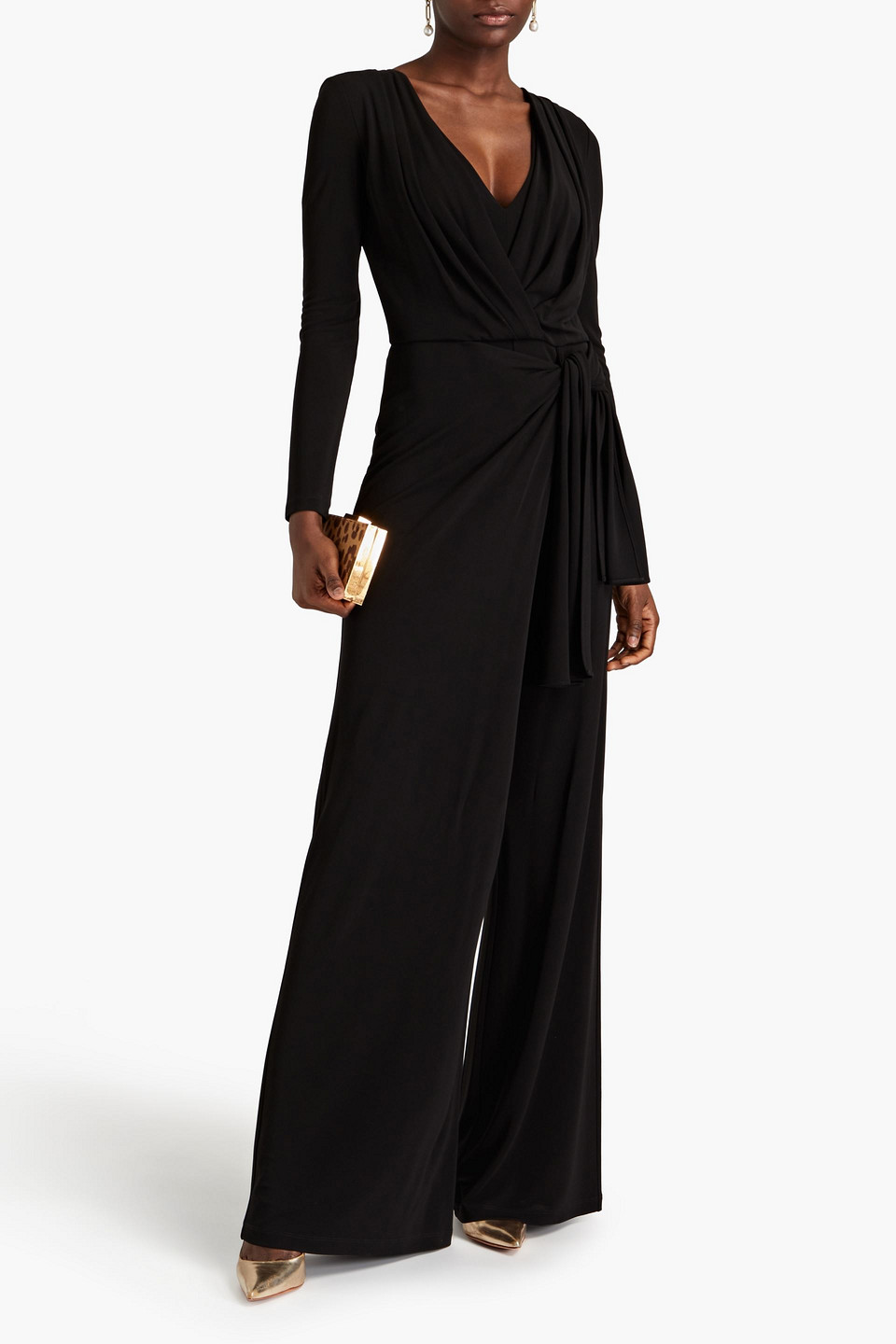 Shop Alberta Ferretti Draped Crepe Wide-leg Jumpsuit In Black