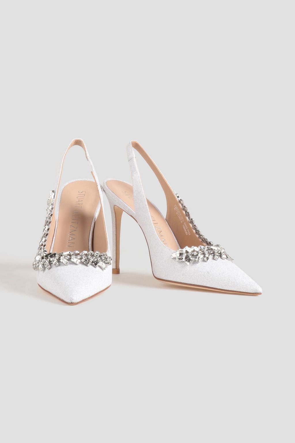 STUART WEITZMAN Promise 100 embellished glittered woven slingback pumps