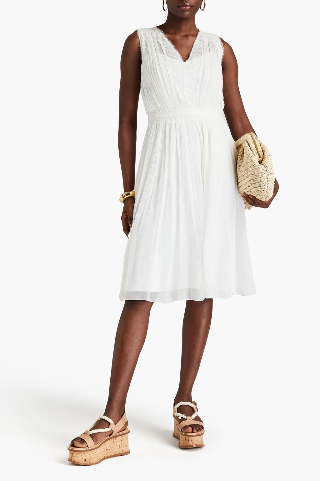 ALBERTA FERRETTI シルクシフォン ワンピース レーストリム タック入り