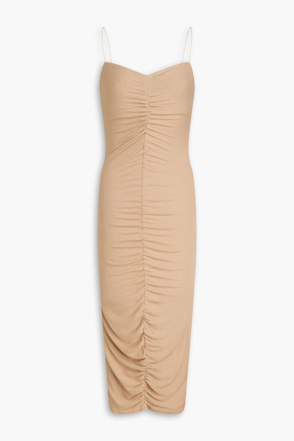 Enza Costa Ruched Ribbed Jersey Midi Dress In Sand