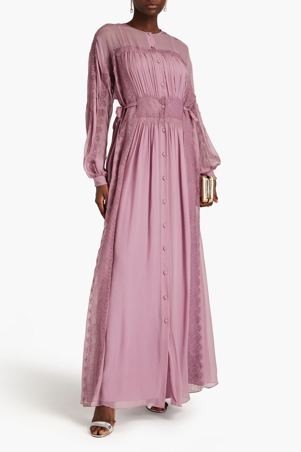 ALBERTA FERRETTI Lace-trimmed  silk-chiffon maxi dress