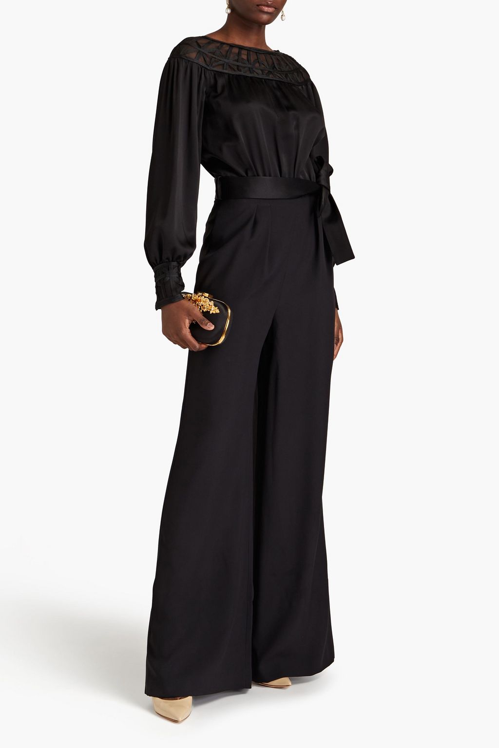 ALBERTA FERRETTI サテンクレープ ワイドレッグ ジャンプスーツ オーガンザトリム