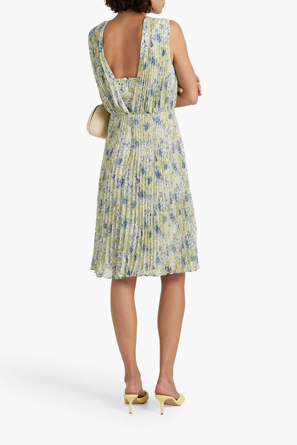 Shop Mikael Aghal Floral-print Plissé-chiffon Dress In Light Green