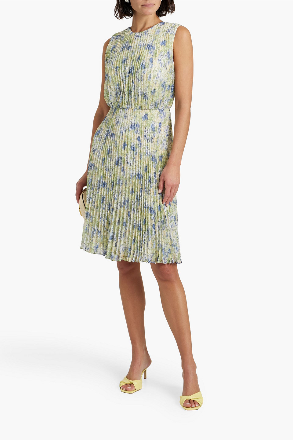 Shop Mikael Aghal Floral-print Plissé-chiffon Dress In Light Green