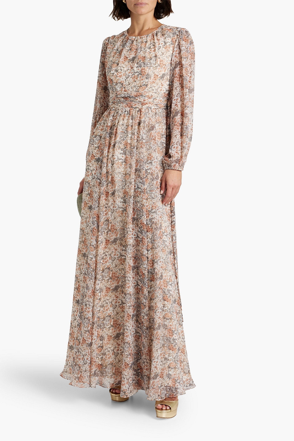  Mikael Aghal - Gerafftes Maxikleid Aus Chiffon Mit Print - Braun - Us 2 